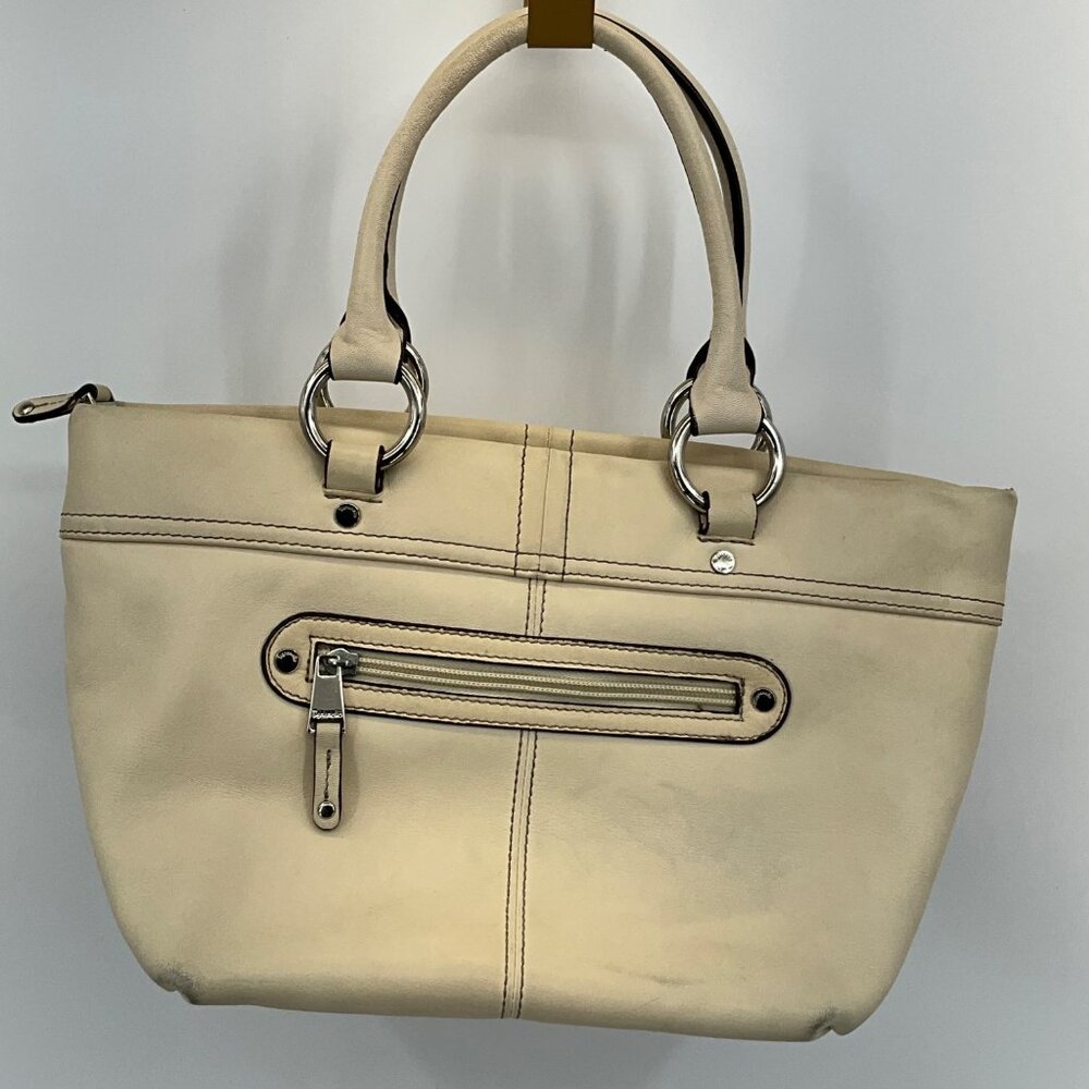 Tignanello Ivory/Beige‎ Leather Handbag Silver Accents & Front Zipper Pocket